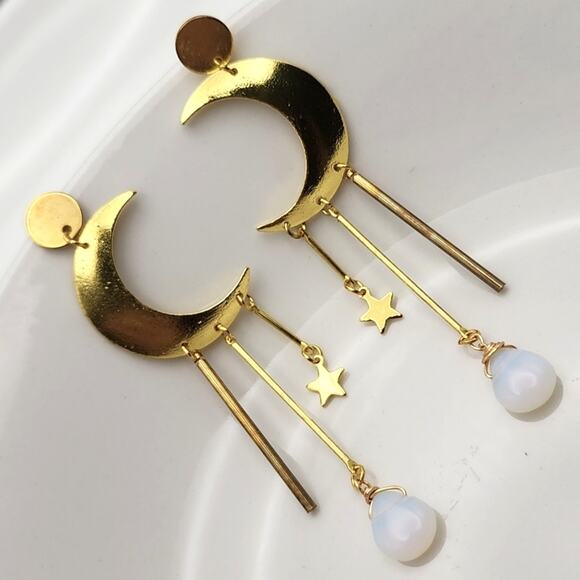 Faux Moonstone Moon Earrings - Picture 2 of 4